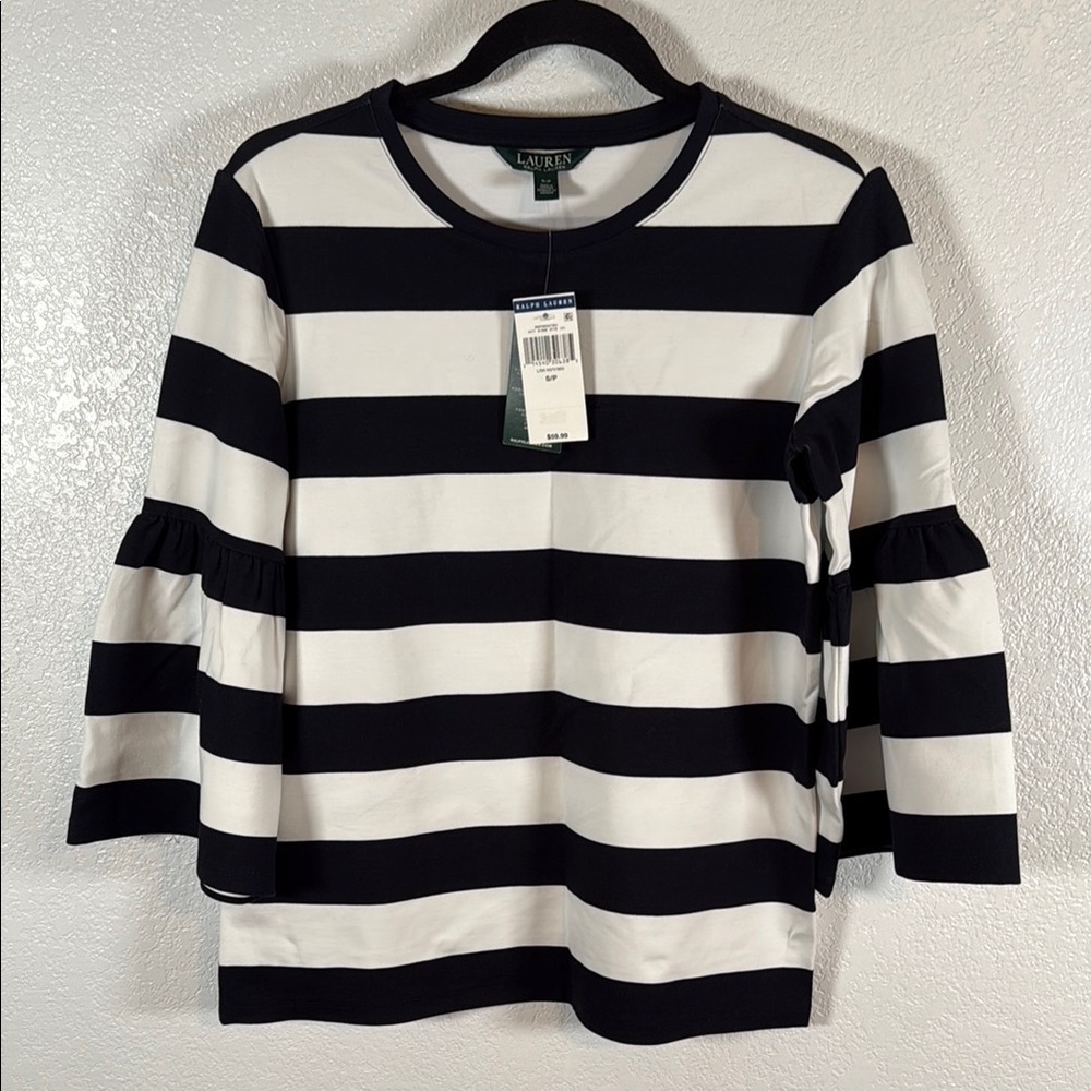 Lauren Ralph Lauren Black & White Stripe Bell Sleeve Top Size Small NWT